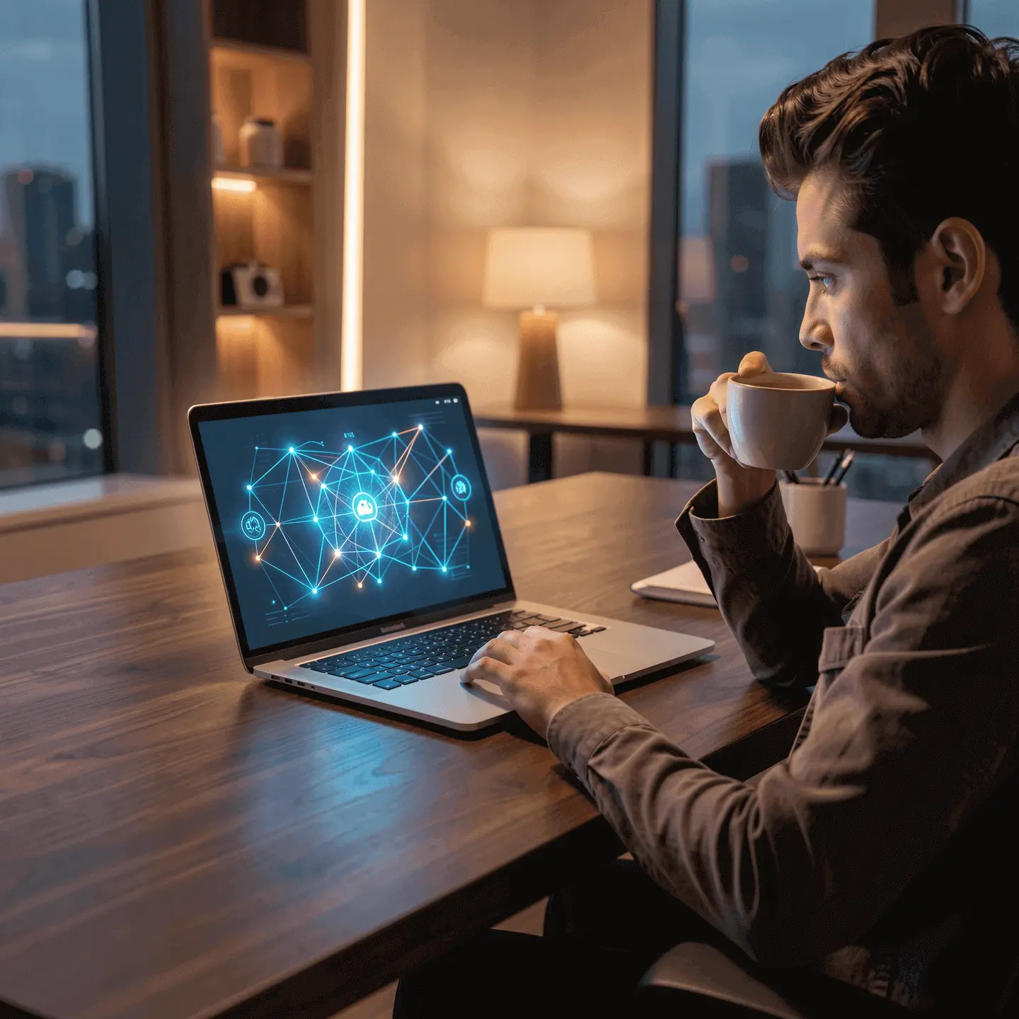 Professional relaxing at a desk while AI tools automate their workflow on a laptop